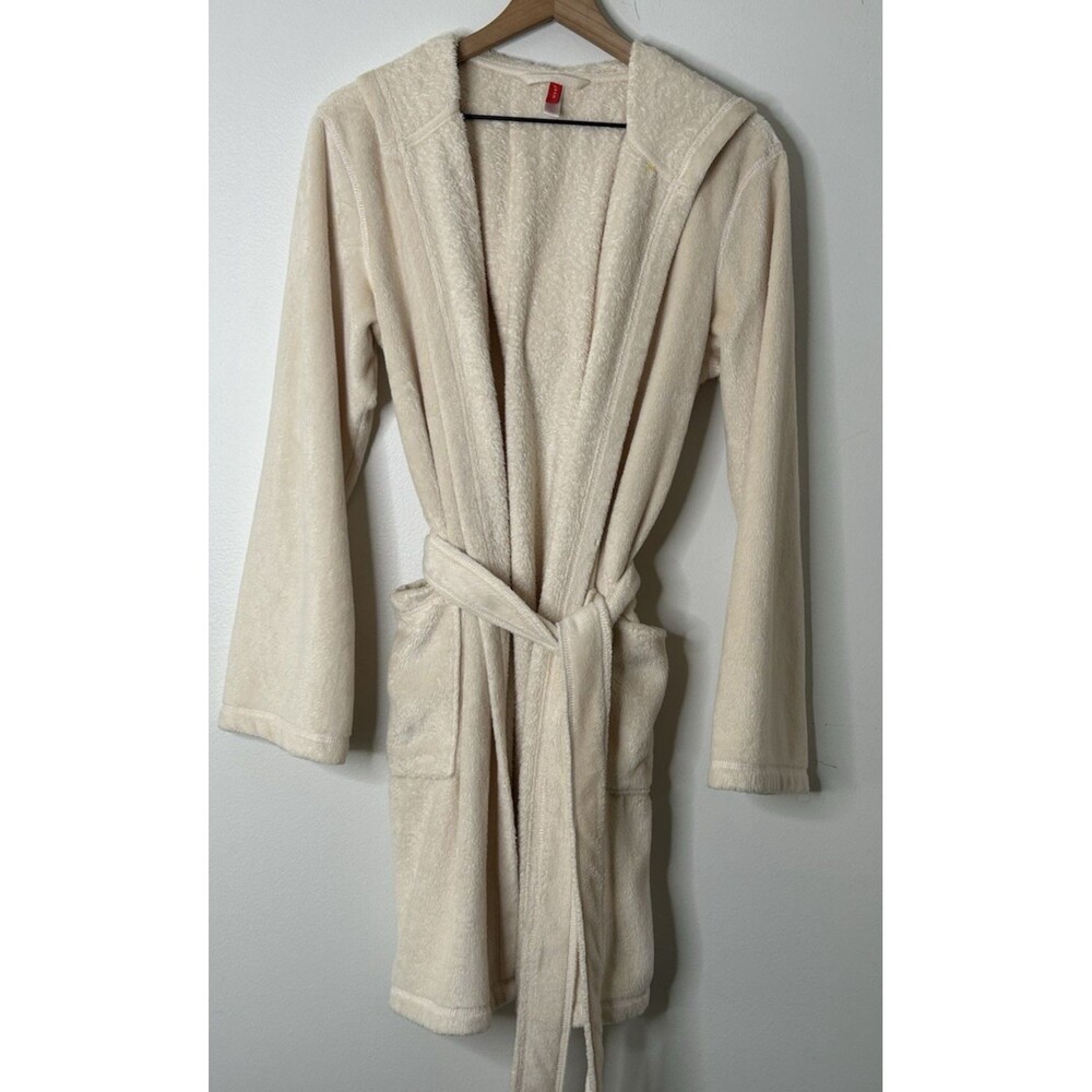 Josie Natori Womans Robe White Large Hooded Wrap Tie Short Pockets Resort Luxury